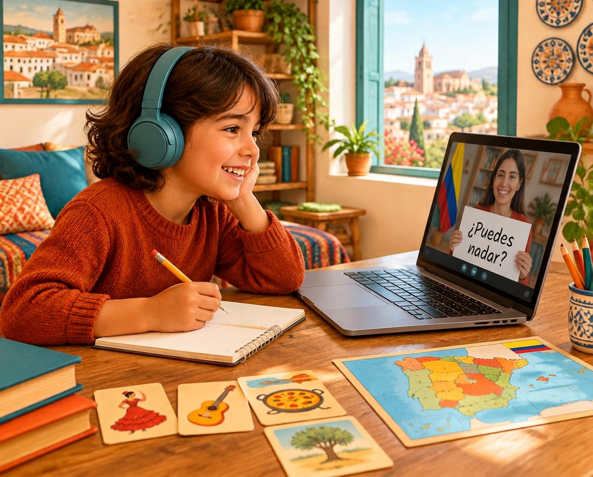 A child wearing headphones, smiling and taking part in a live online Spanish lesson